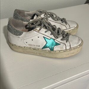 Golden Goose White Sneakers with Turquoise Star and Silver Glitter Heel